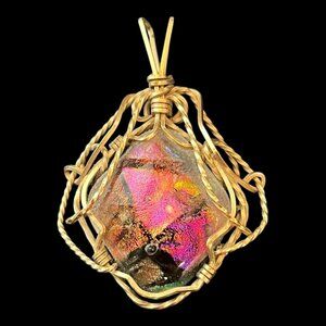 Artist Made Multicolor 2" Gold Plate Wrapped Dichroic Glass Cabochon 1.75"